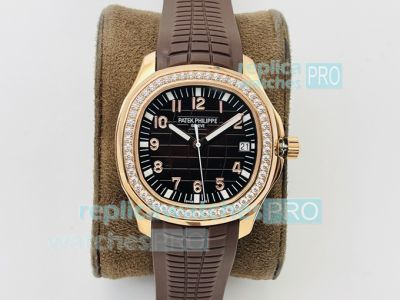 PF Factory Replica Patek Philippe Aquanaut Rose Gold Diamond Bezel Watch 40MM